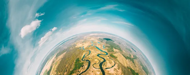 Aerial View Green Forest Woods And River Landscape