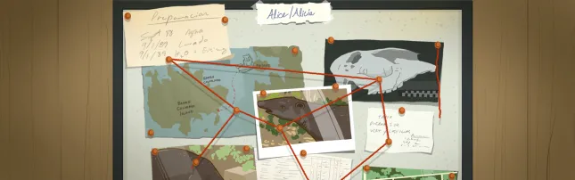 Illustration of a bulletin board filled with maps, images, and clues connected by red string.