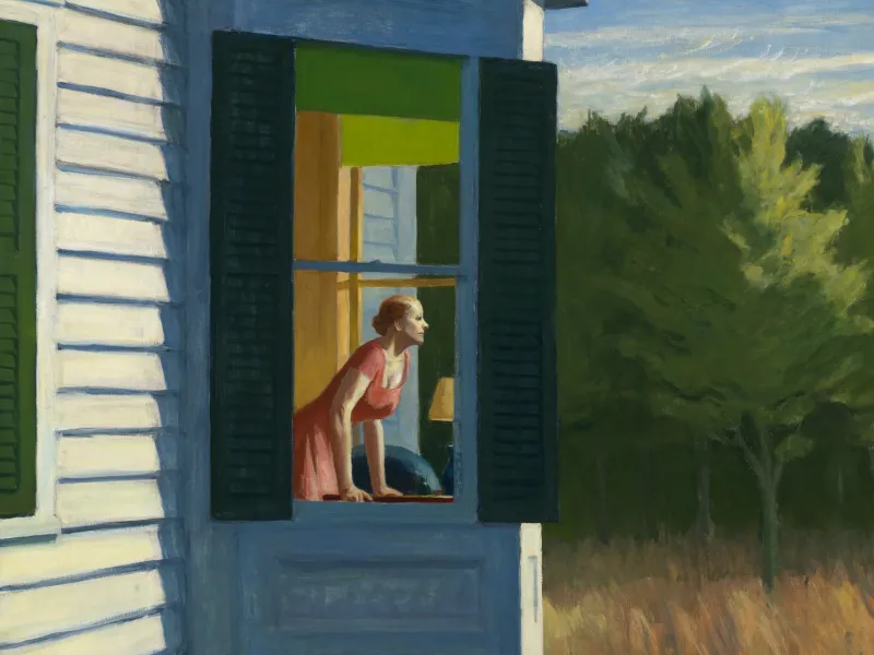 A woman looks out a bay window, riveted by something beyond the pictorial space.