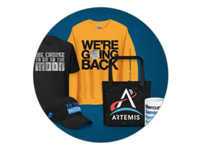 T-shirts, mugs and other merchandise related to the Artemis moon mission.